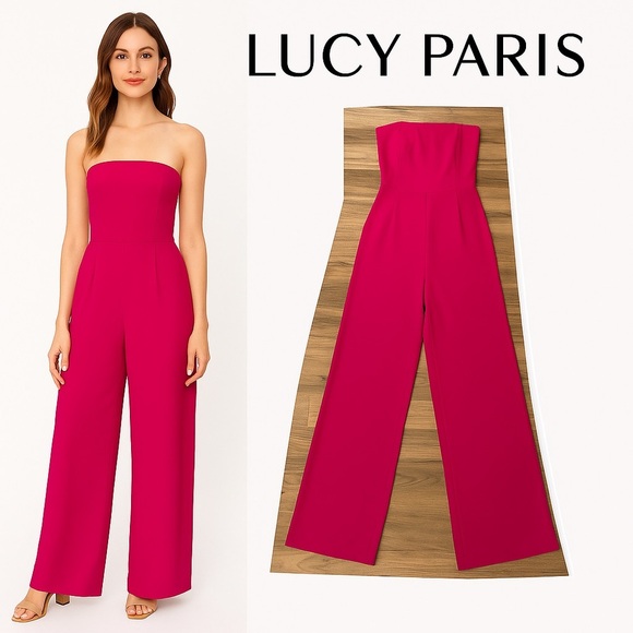 Lucy Paris,Striking Natalie Strapless Fuchsia Wide-Leg Jumpsuit EUC Size Medium - Picture 1 of 5